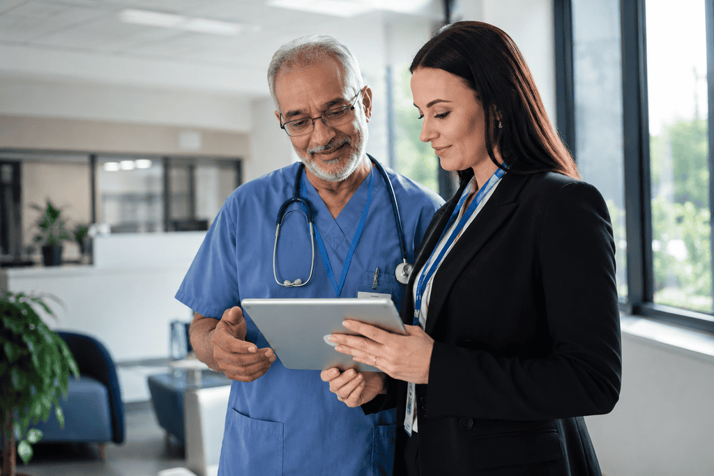Healthcare professionals reviewing patient data on a tablet in a modern medical facility. HCHB