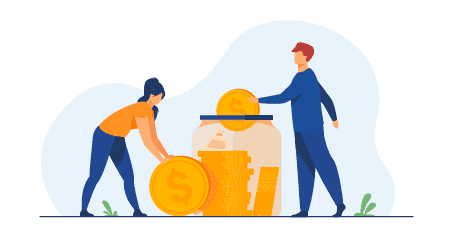 Two people stacking large gold coins and a jar of coins for financial growth.
