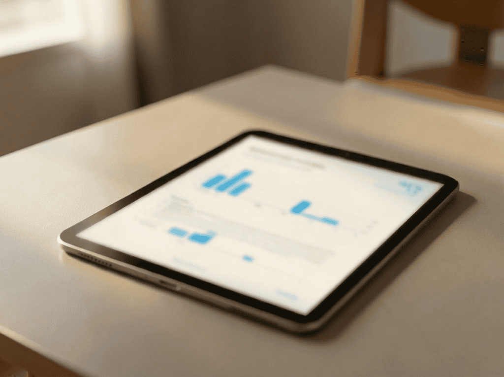 Digital tablet displaying home health care management data.