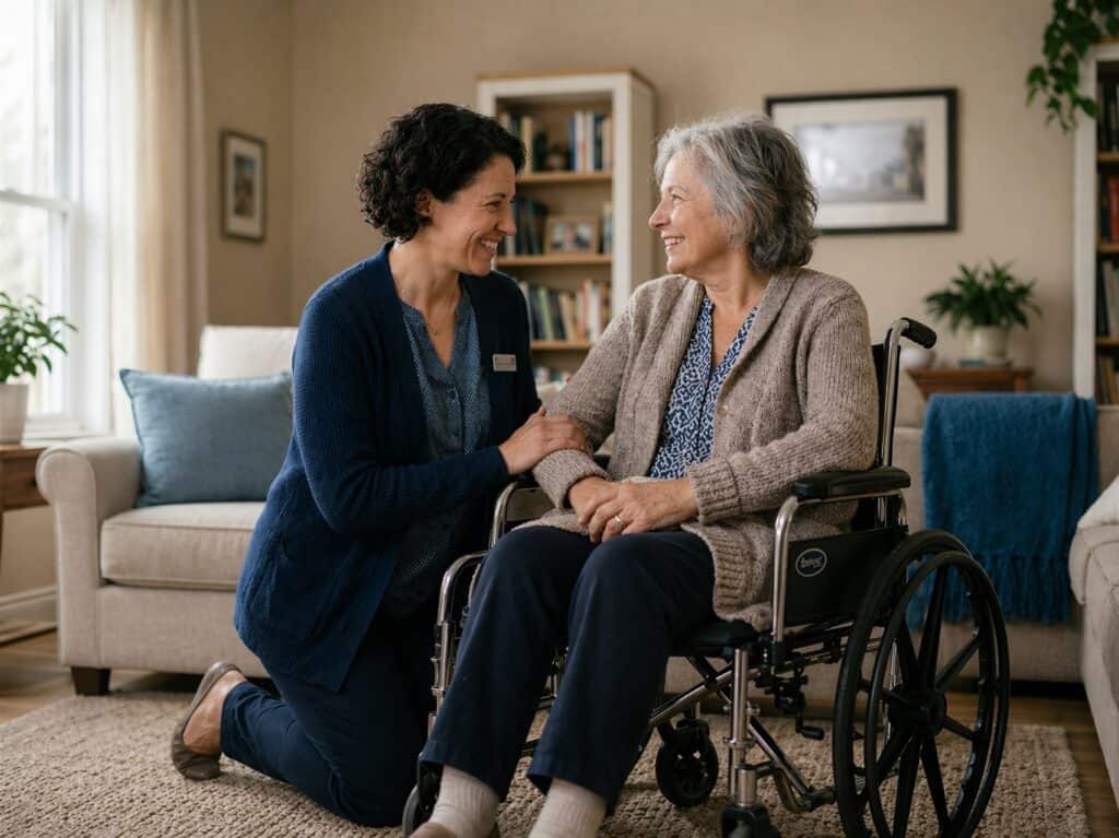 Caring hospice nurse with elderly woman in wheelchair at home.