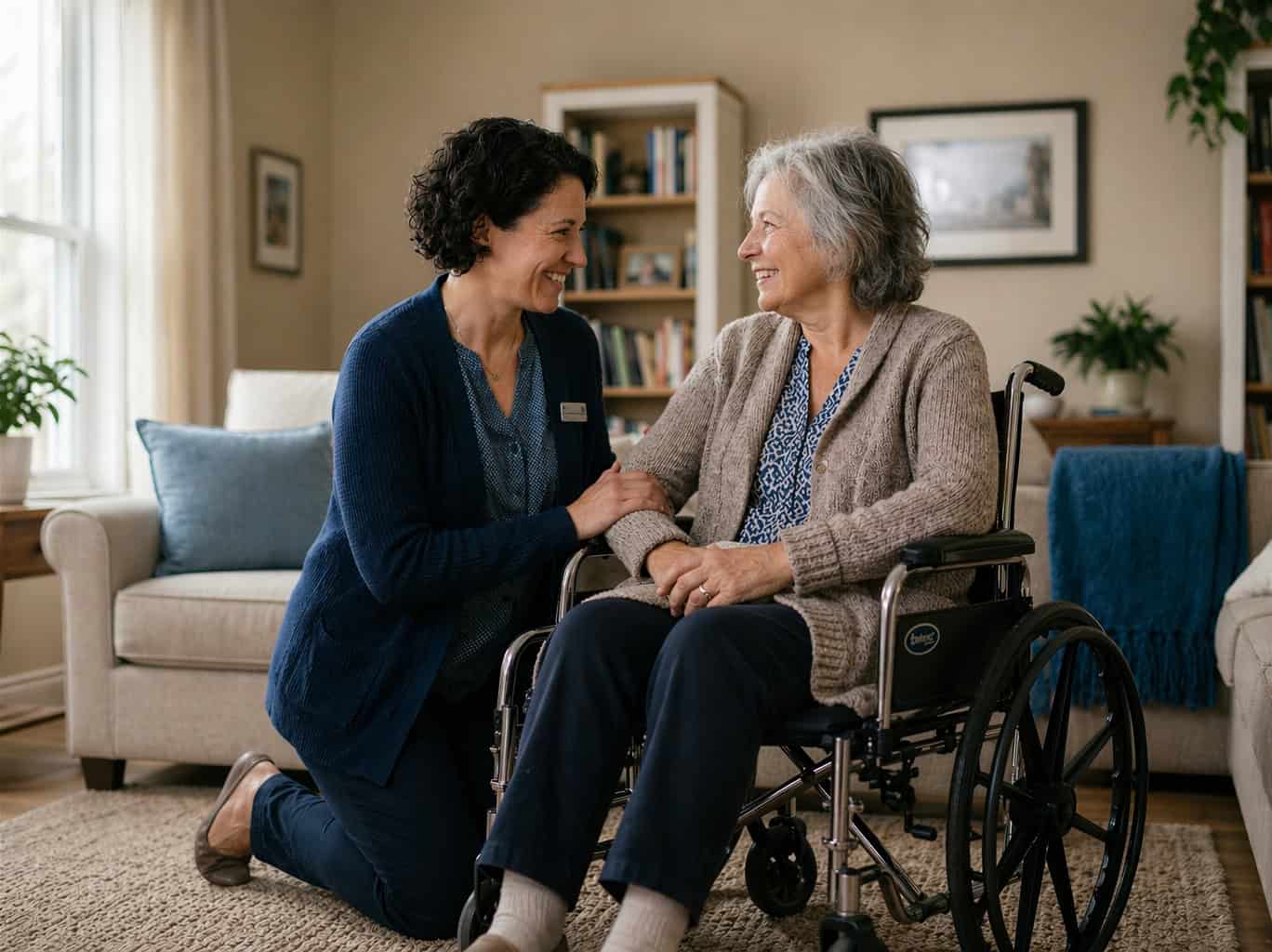 Caring hospice nurse with elderly woman in wheelchair at home.