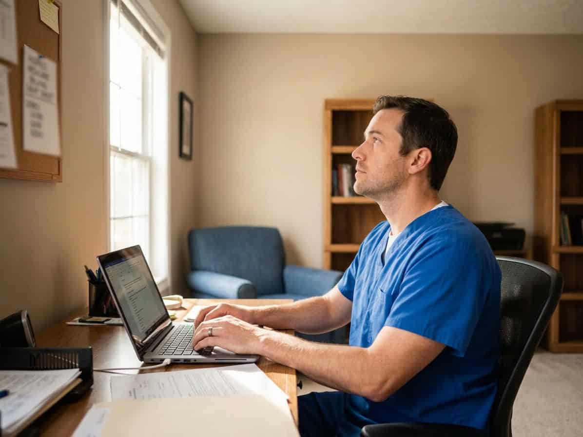 Healthcare professional working on hospice Medicare billing on laptop.