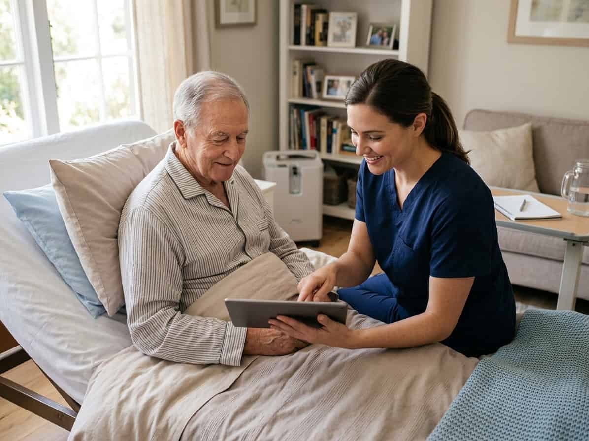 Hospice nurse using tablet with elderly patient at home.