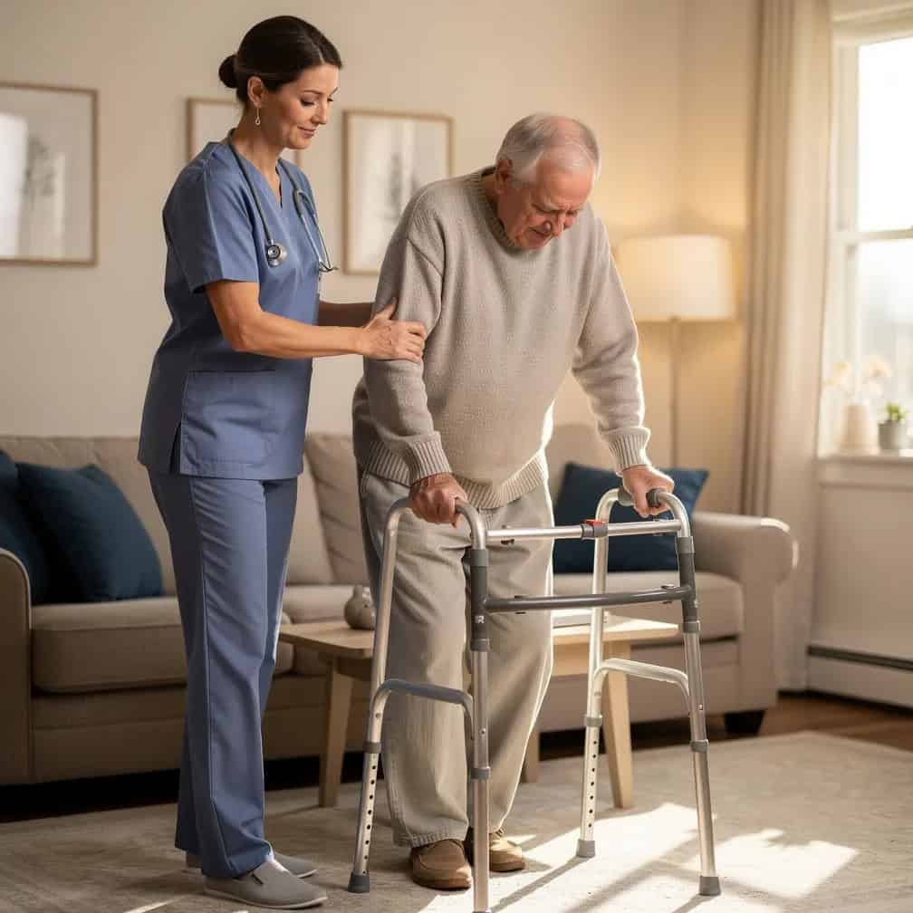 Nurse assisting elderly patient with walker during home visit for hospice care.