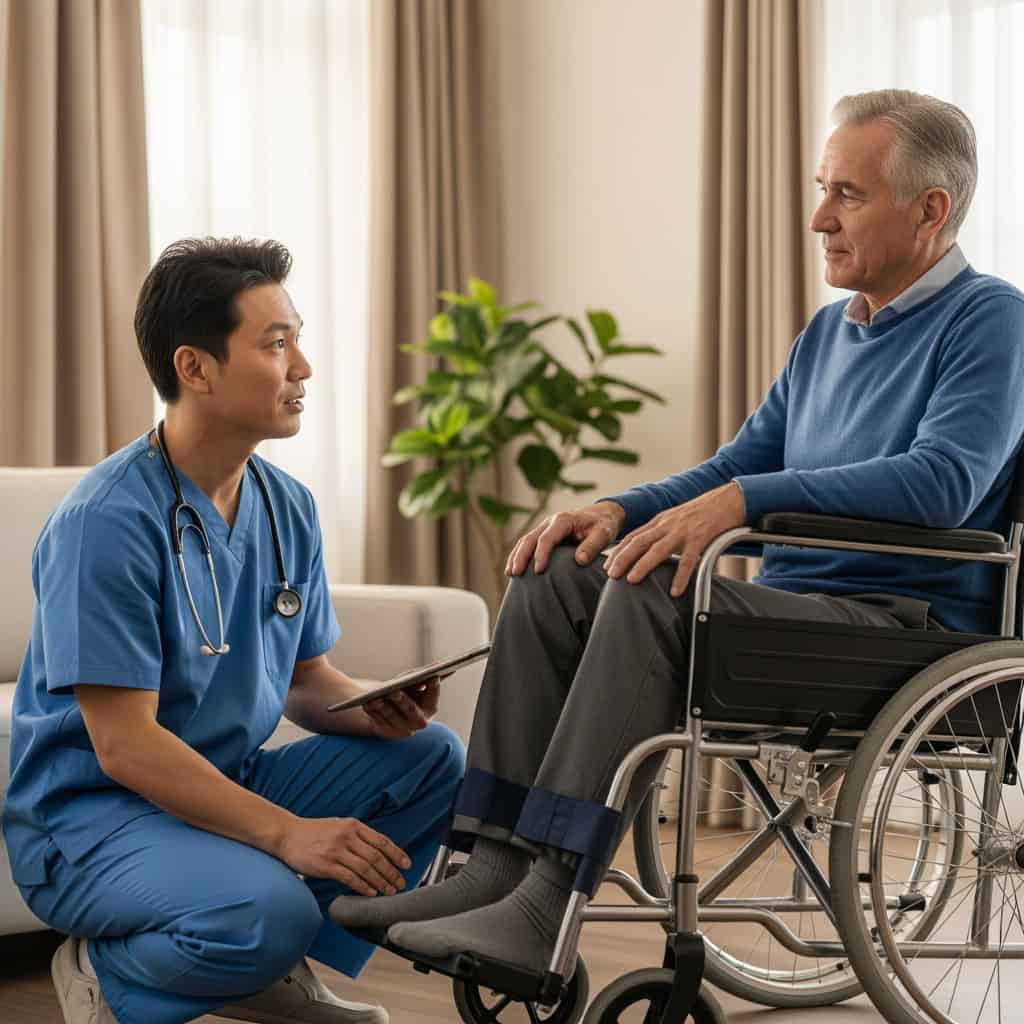Healthcare professional discussing care plan with elderly patient in wheelchair.