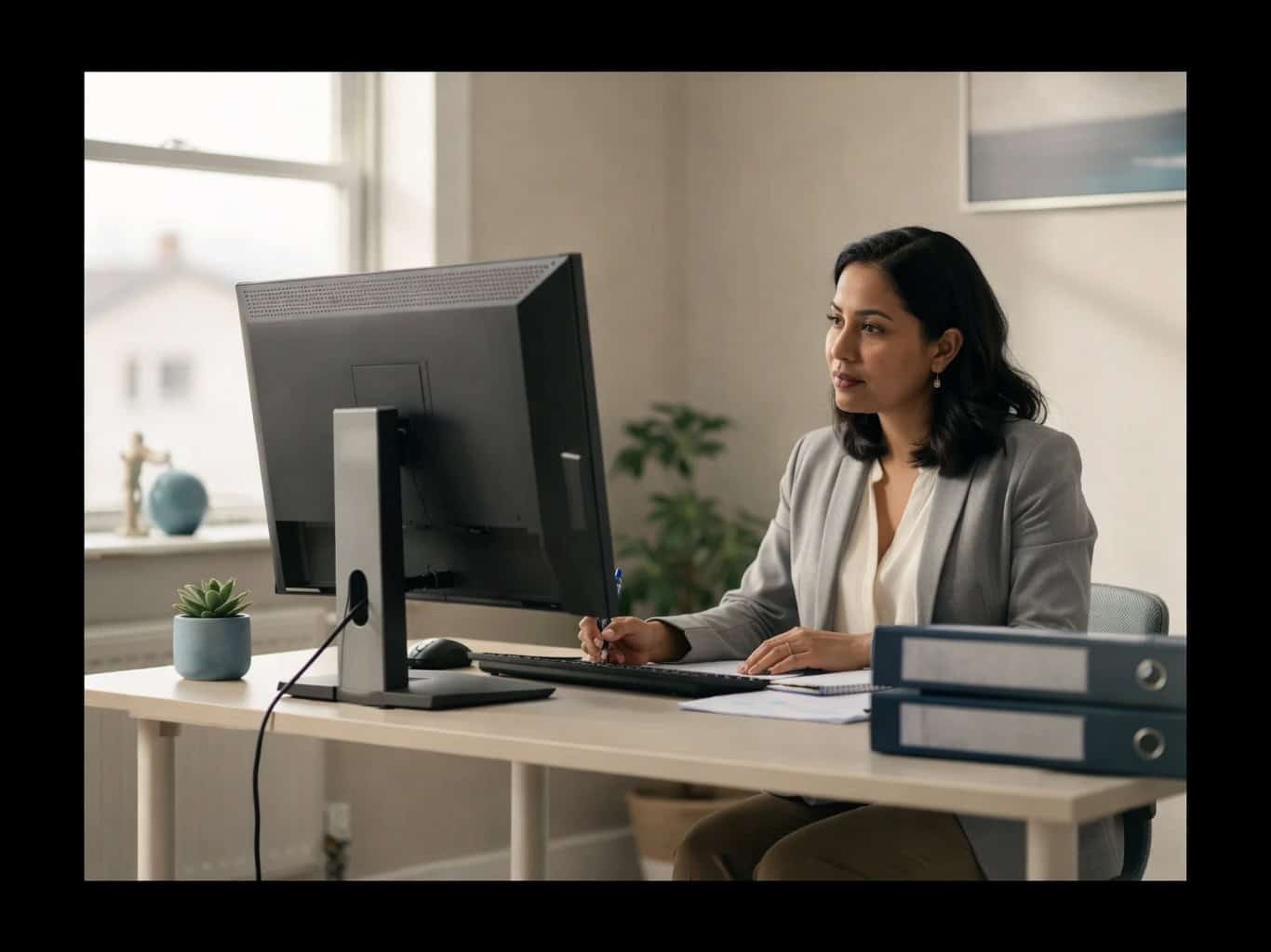 Healthcare professional using Homecare Homebase software on desktop.