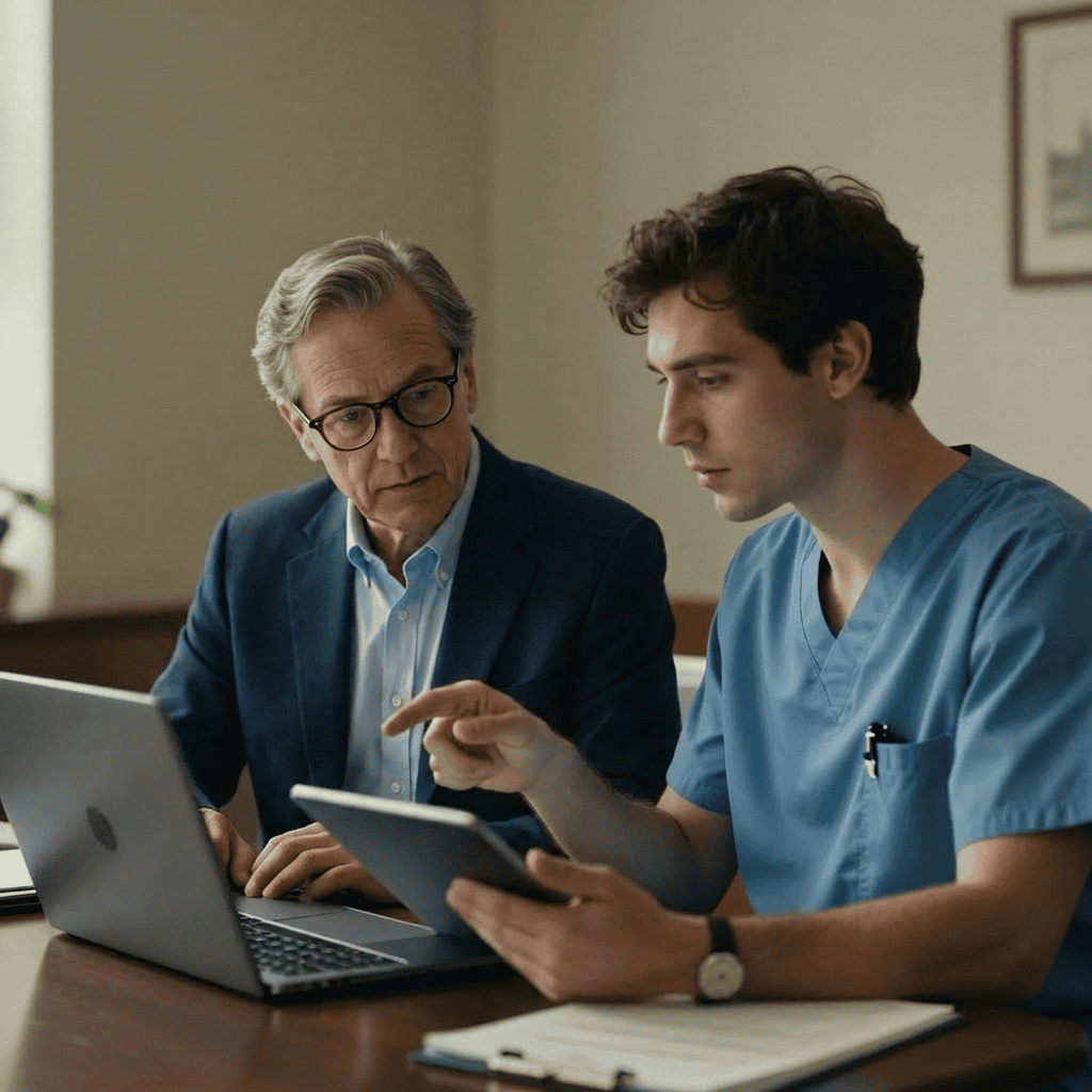 Healthcare professionals using technology for home care solutions.