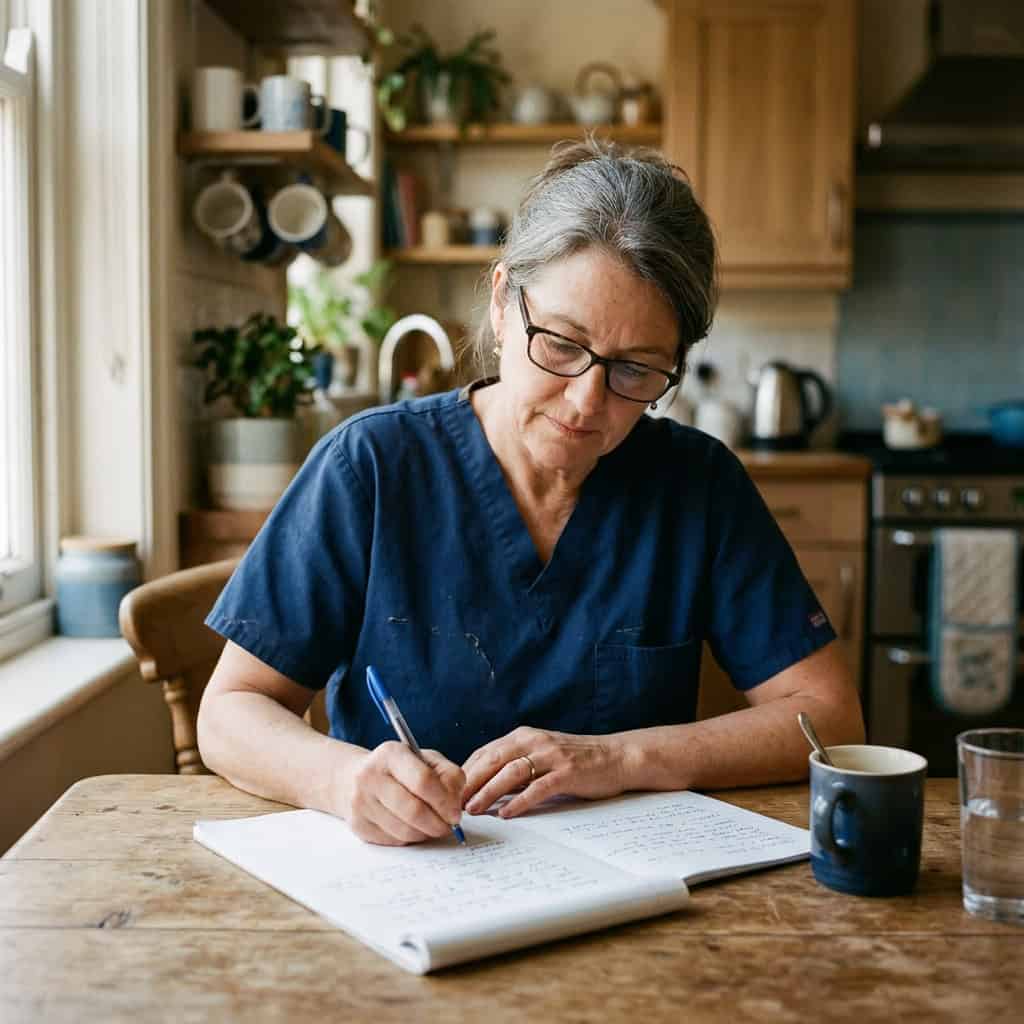 Healthcare professional reviewing HOPE assessment documentation at home.