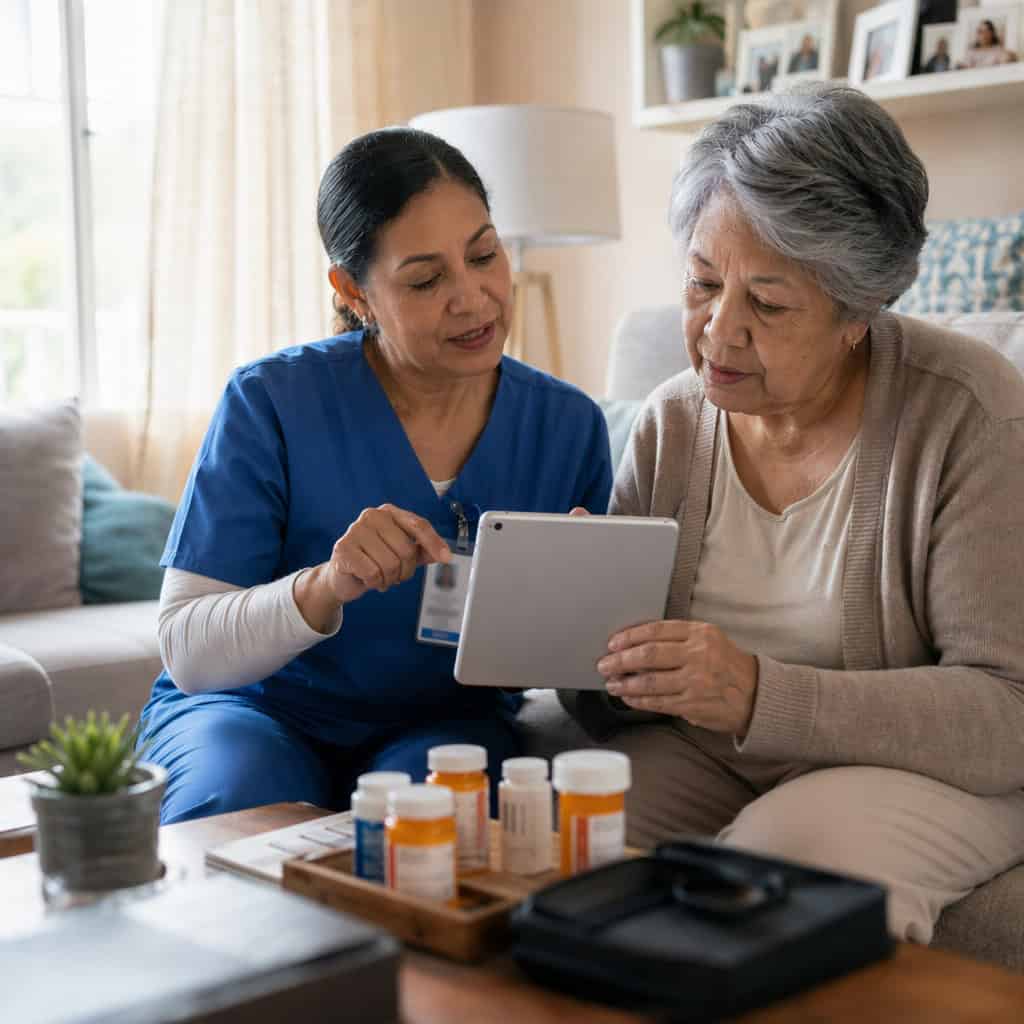 Healthcare professional assisting elderly patient with medication management at home.