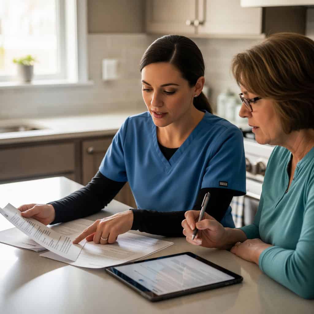 Caregiver and senior woman reviewing hospice prescription documents at home.