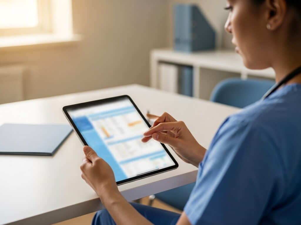Healthcare professional using electronic medical records on a tablet.