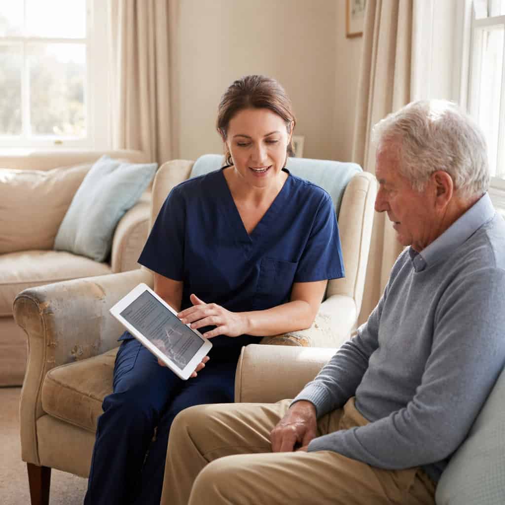 Nurse discussing end-of-life care plans with elderly patient at home.
