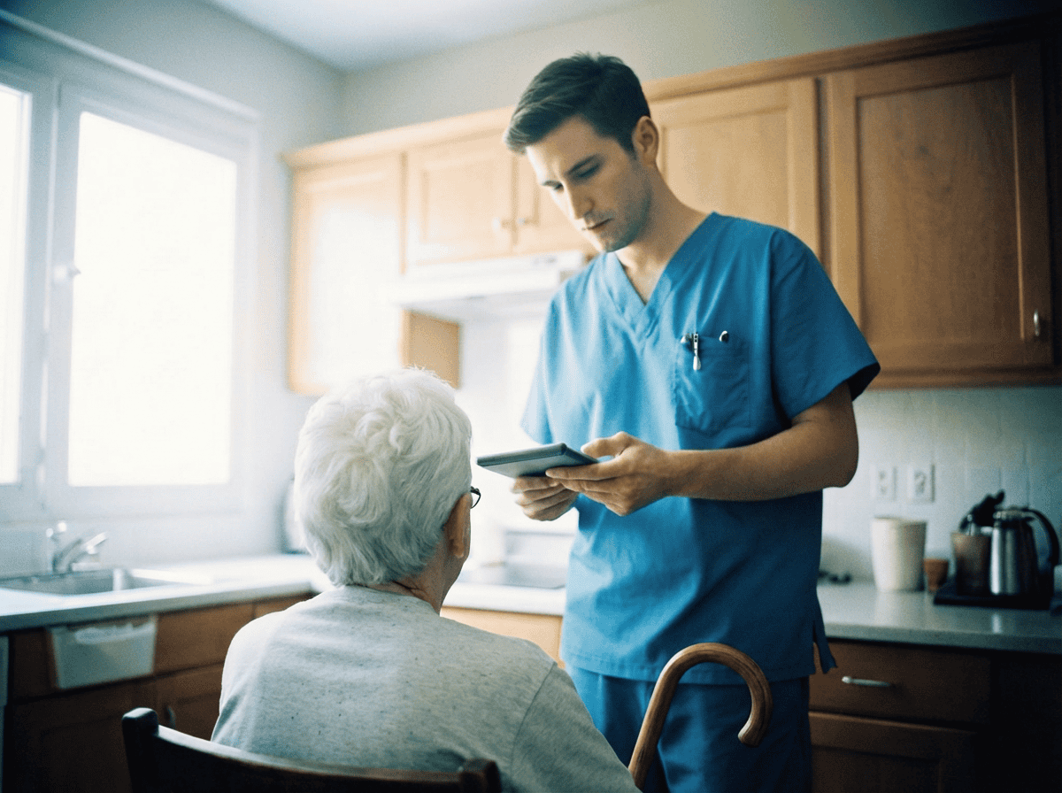 Healthcare professional reviewing medication protocol with elderly patient at home.