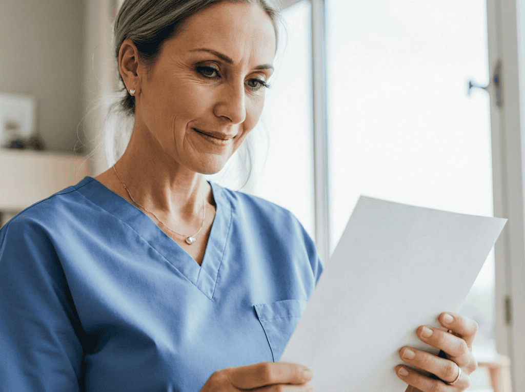 Healthcare professional reviewing patient documents in homecare setting.