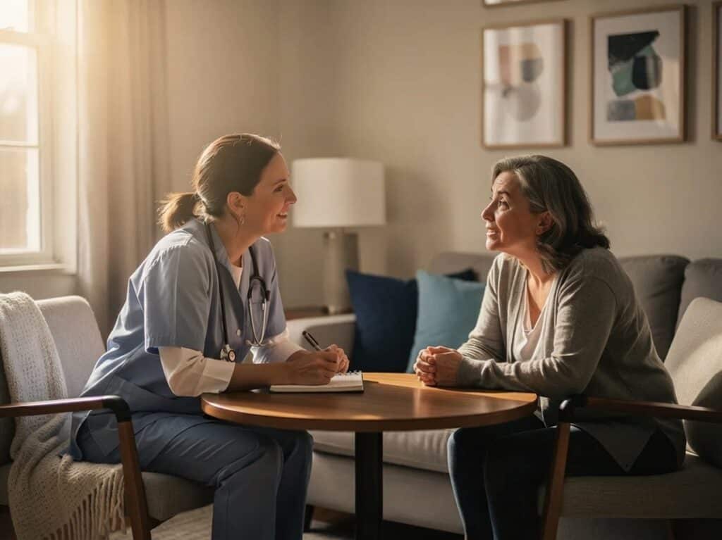 Caregiver and patient engaging in a supportive discussion at home for spiritual and emotional assess.