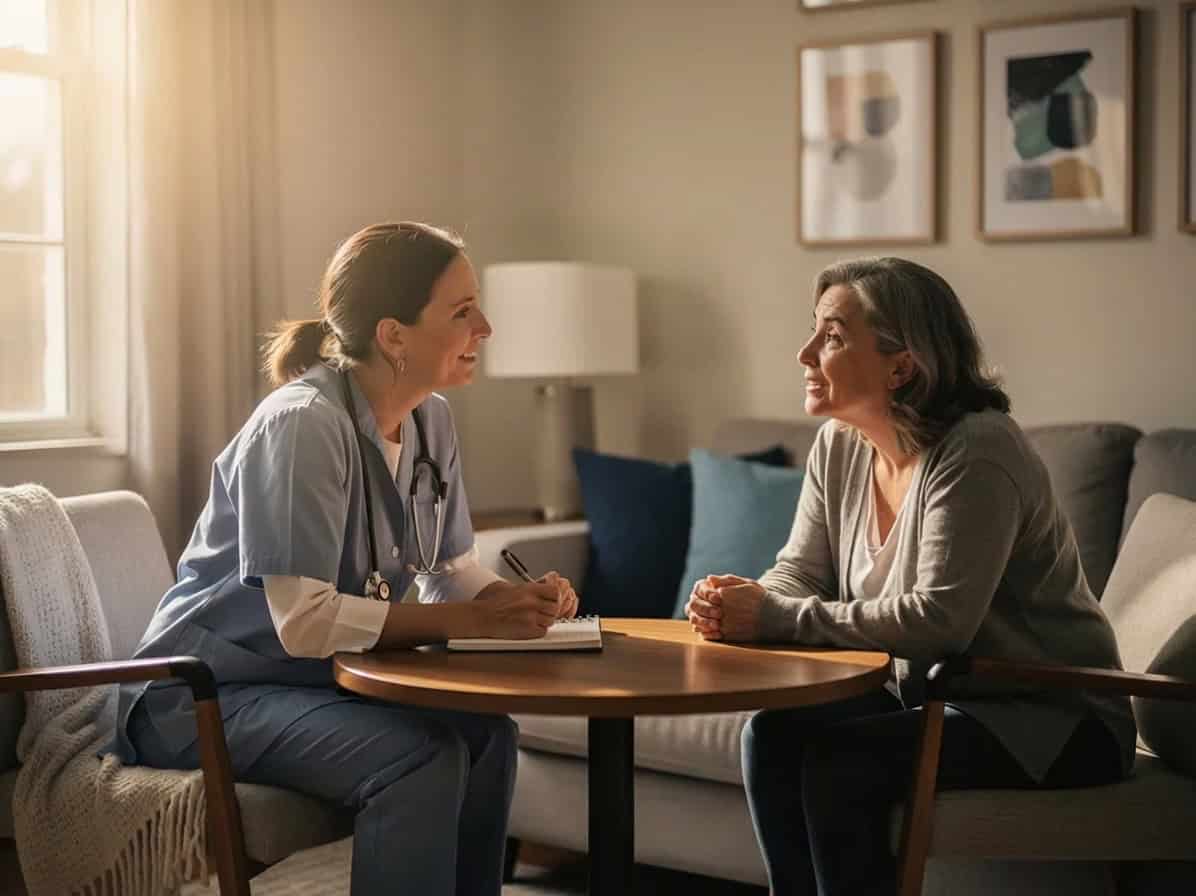 Caregiver and patient engaging in a supportive discussion at home for spiritual and emotional assess.