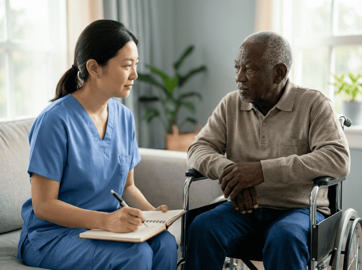 Healthcare professional consulting elderly patient in homecare setting.