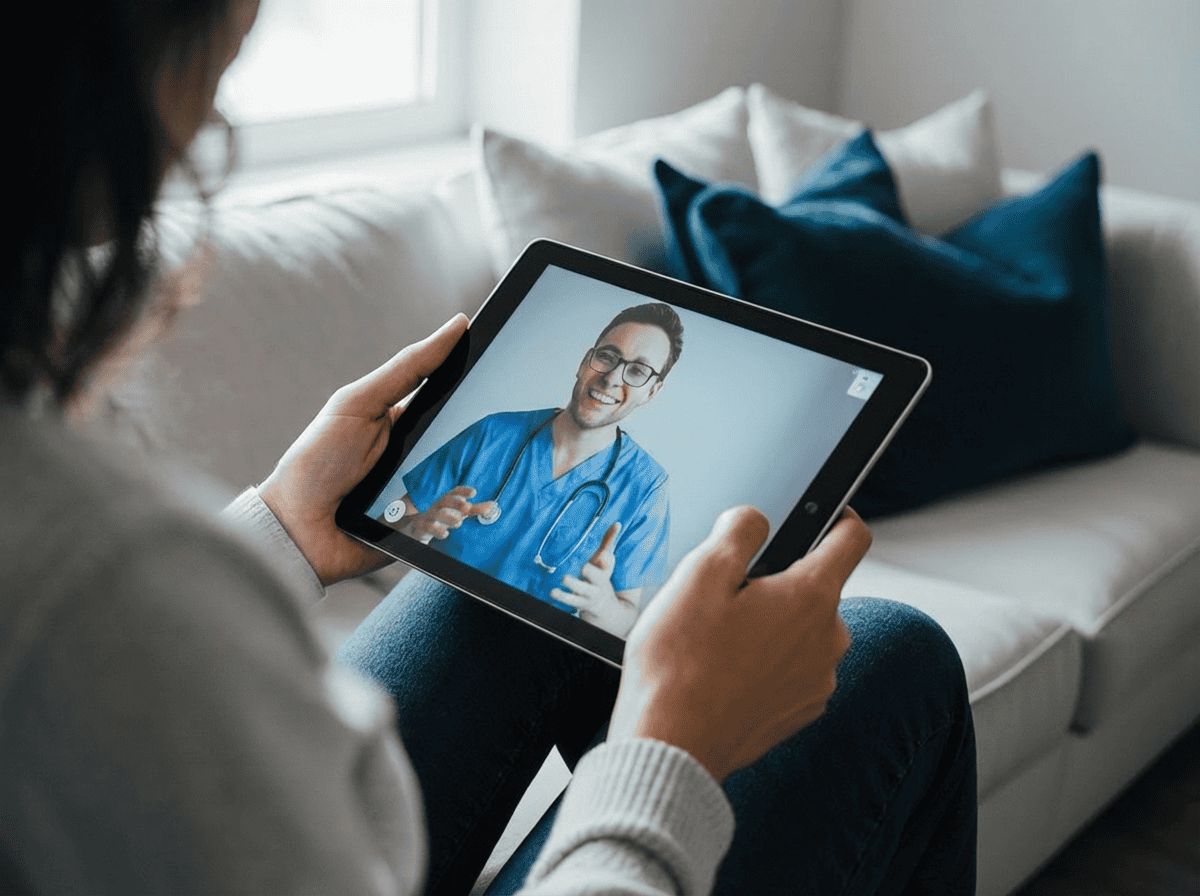Healthcare professional on tablet discussing hospice care updates.