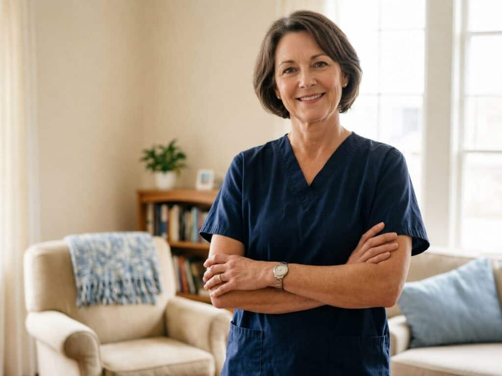 Experienced home health nurse in a cozy living room setting.