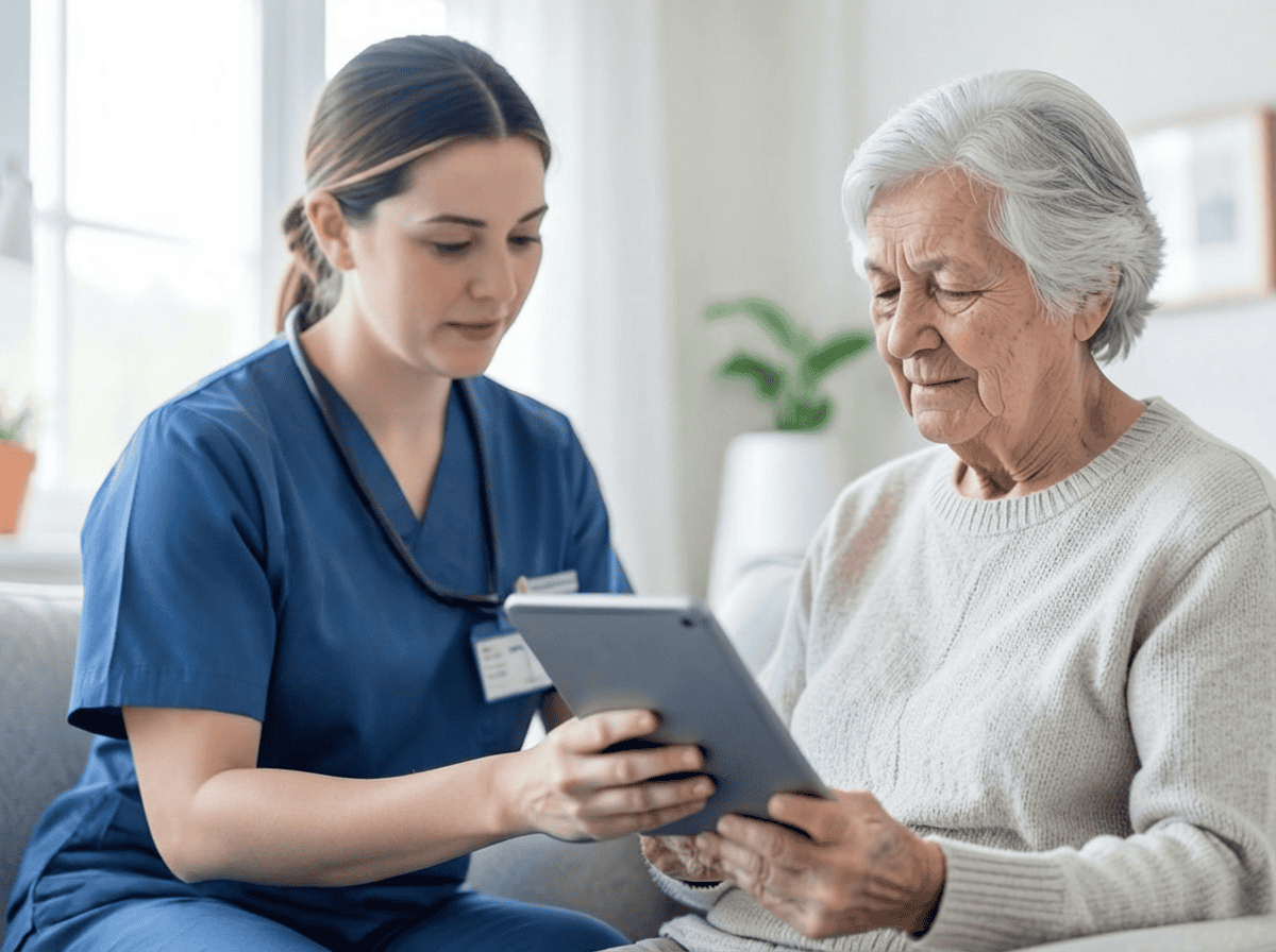 Homecare Homebase nurse reviewing patient information with elderly woman.