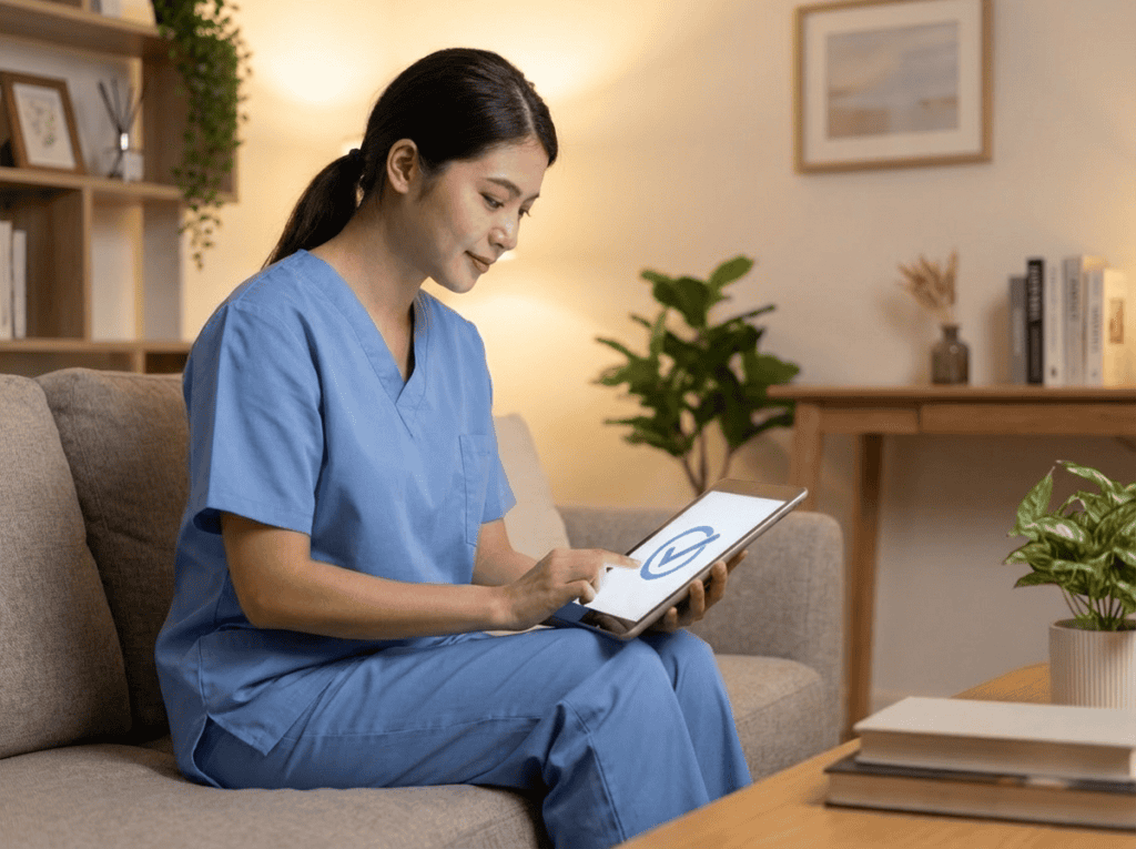 Healthcare professional reviewing digital patient data at home.