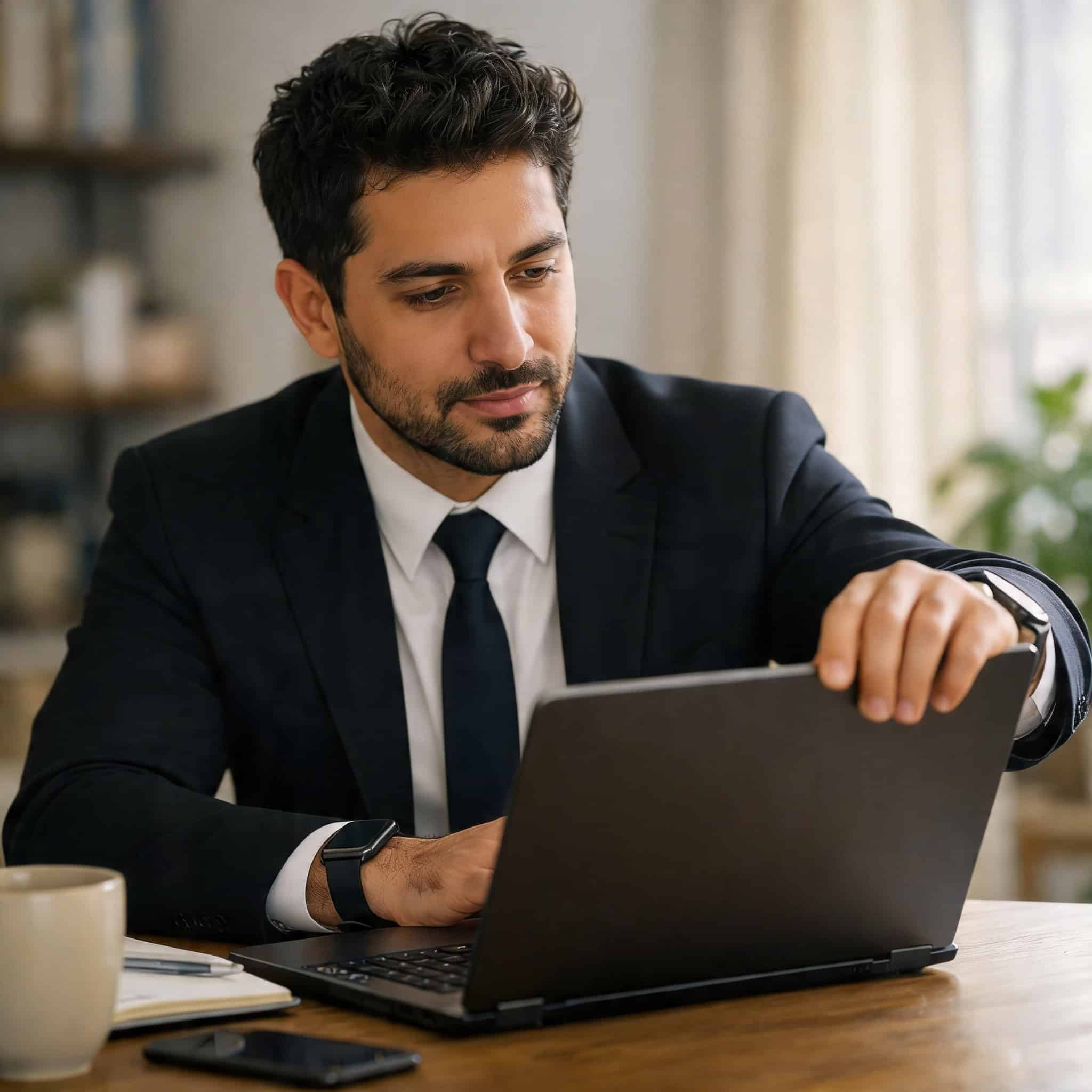 Business professional using a laptop, representing healthcare technology and machine learning.