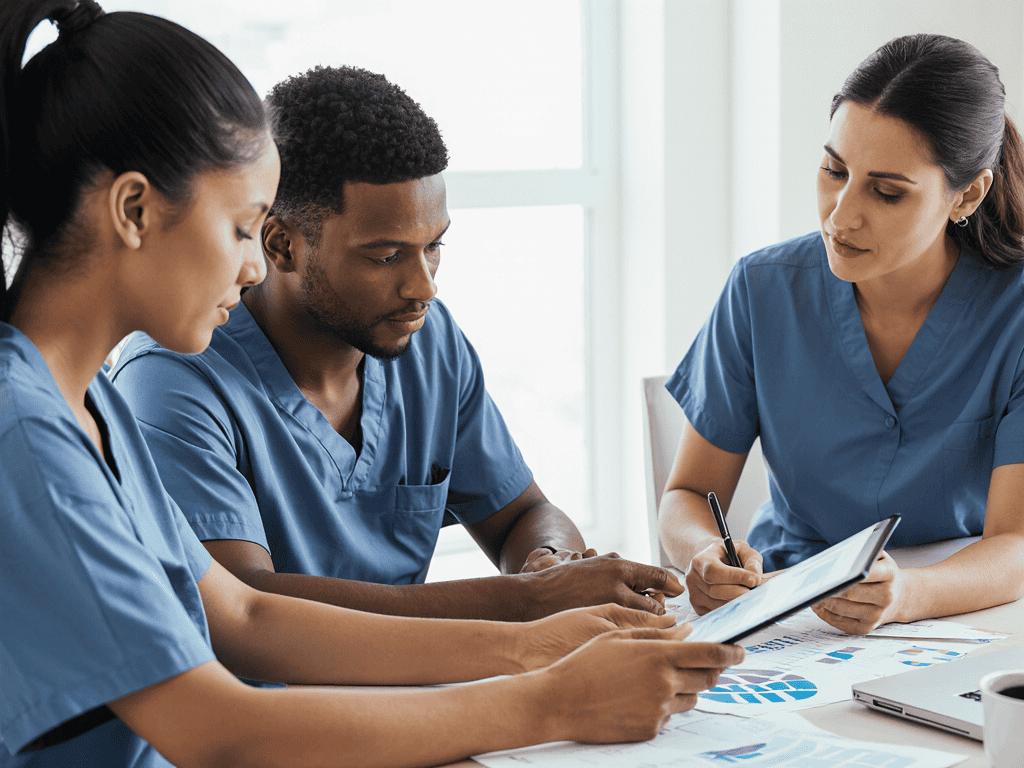 Healthcare team discussing patient care using digital tools.