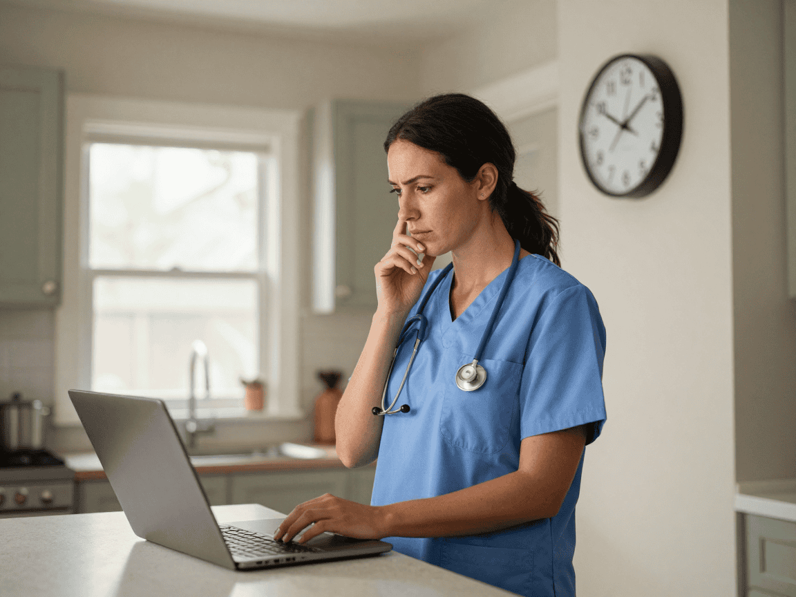 Healthcare professional reviewing staffing schedules on laptop at home.