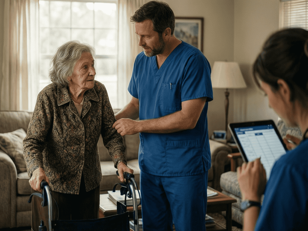 Healthcare professionals assisting elderly patient at home with mobility aids.