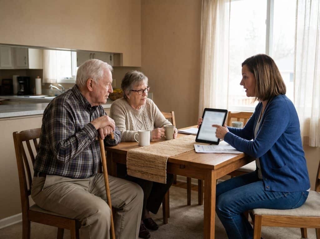Homecare professional discussing care plans with elderly couple using tablet.