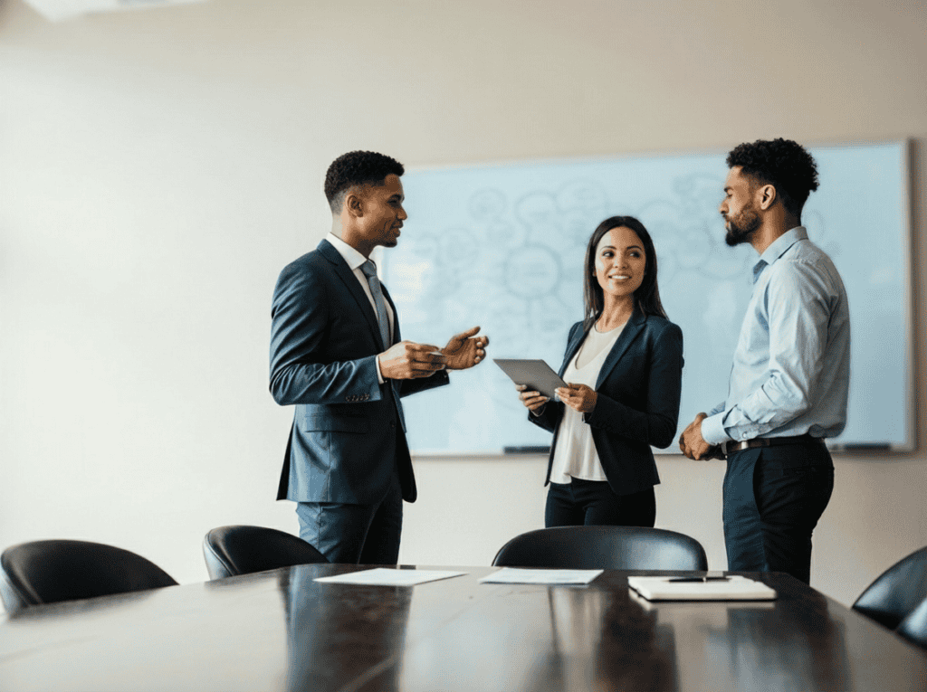 Business team discussing care management software in a meeting room.