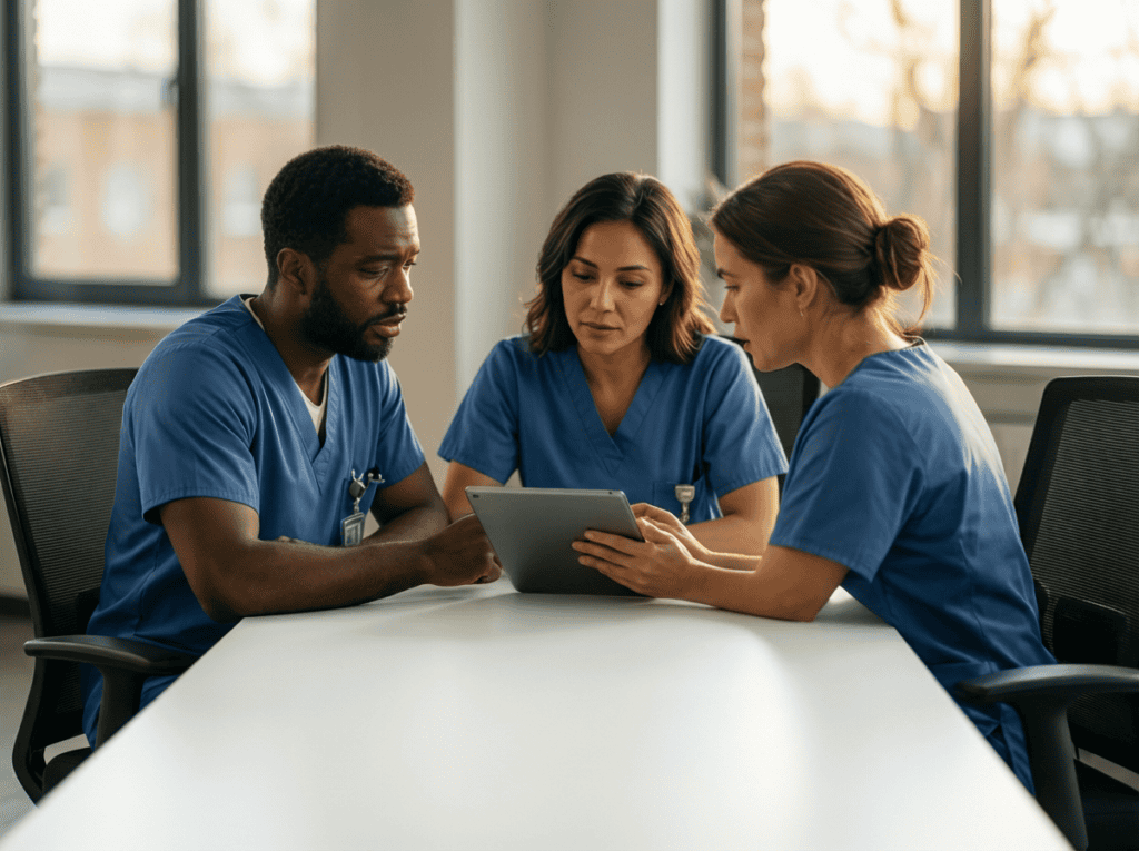 Healthcare team reviewing schedule on tablet for clinician retention.