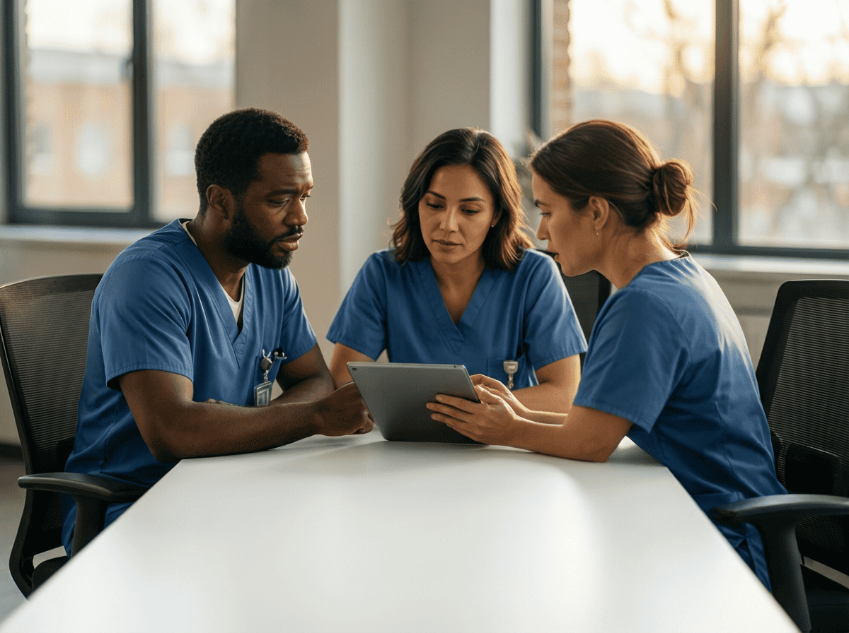 Healthcare team reviewing schedule on tablet for clinician retention.