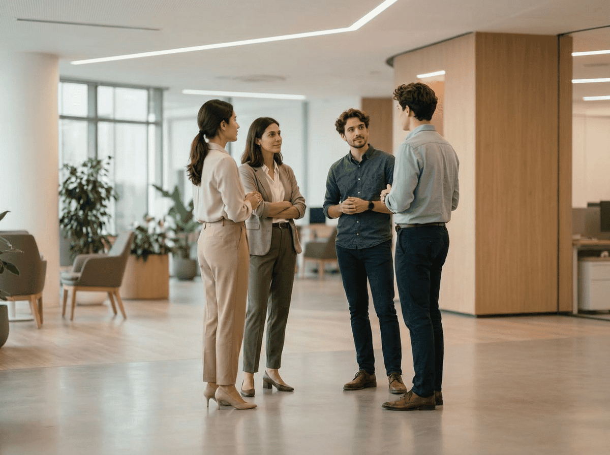 Healthcare professionals discussing patient care in a modern office setting.