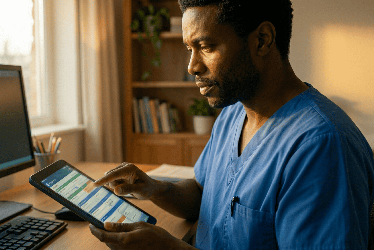 Healthcare professional using Homecare Homebase scheduling on tablet.