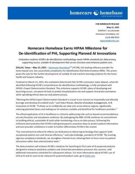 Homecare Homebase earns HIPAA milestone for de-identification of PHI.
