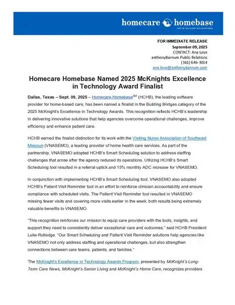 Homecare Homebase, 2025 McKnight’s Excellence Award finalist, recognized for innovative healthcare t.