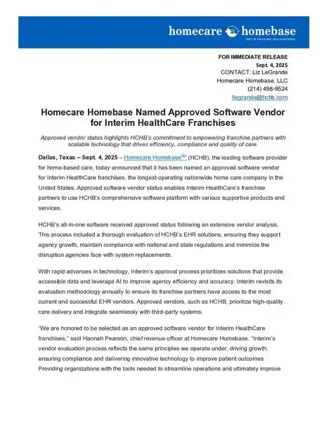 Homecare Homebase approved as software vendor for Interim HealthCare franchises. Enhances operationa.