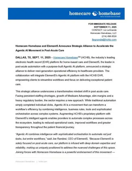 Homecare Homebase and Element5 partner to advance AI in post-acute care.