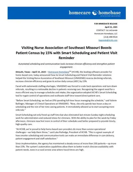 Homecare Homebase scheduling and reminder system for improved patient management.