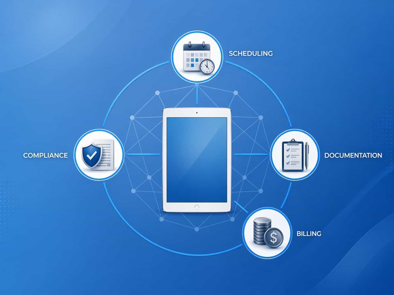 Digital homecare management platform with scheduling, billing, compliance, and documentation feature.
