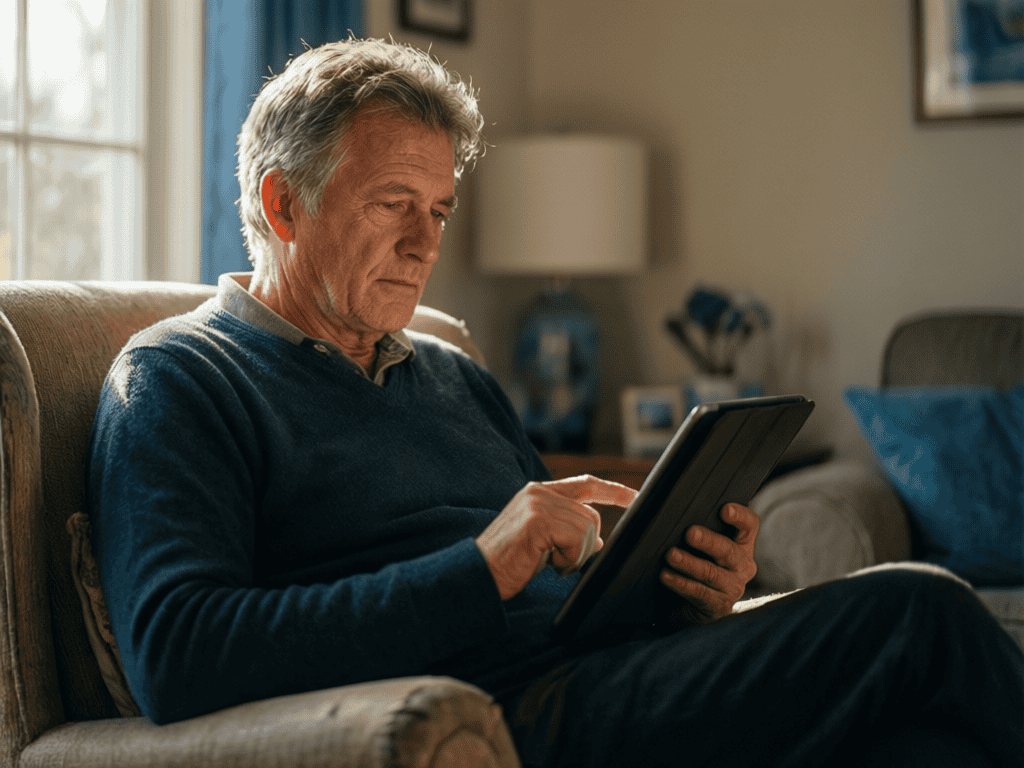 Elderly man using tablet at home for home care management.