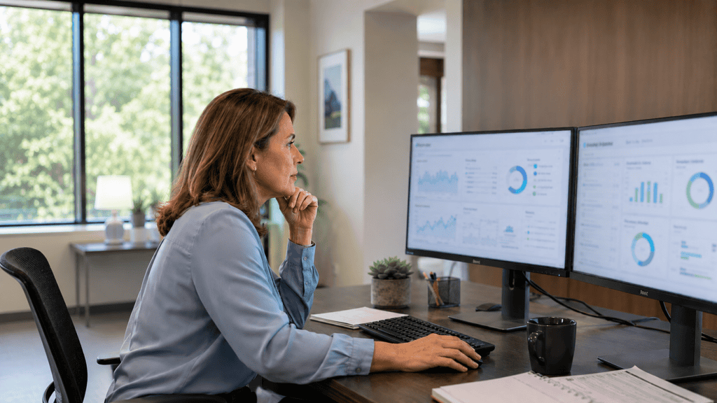 Woman analyzing healthcare data on dual monitors in an office.