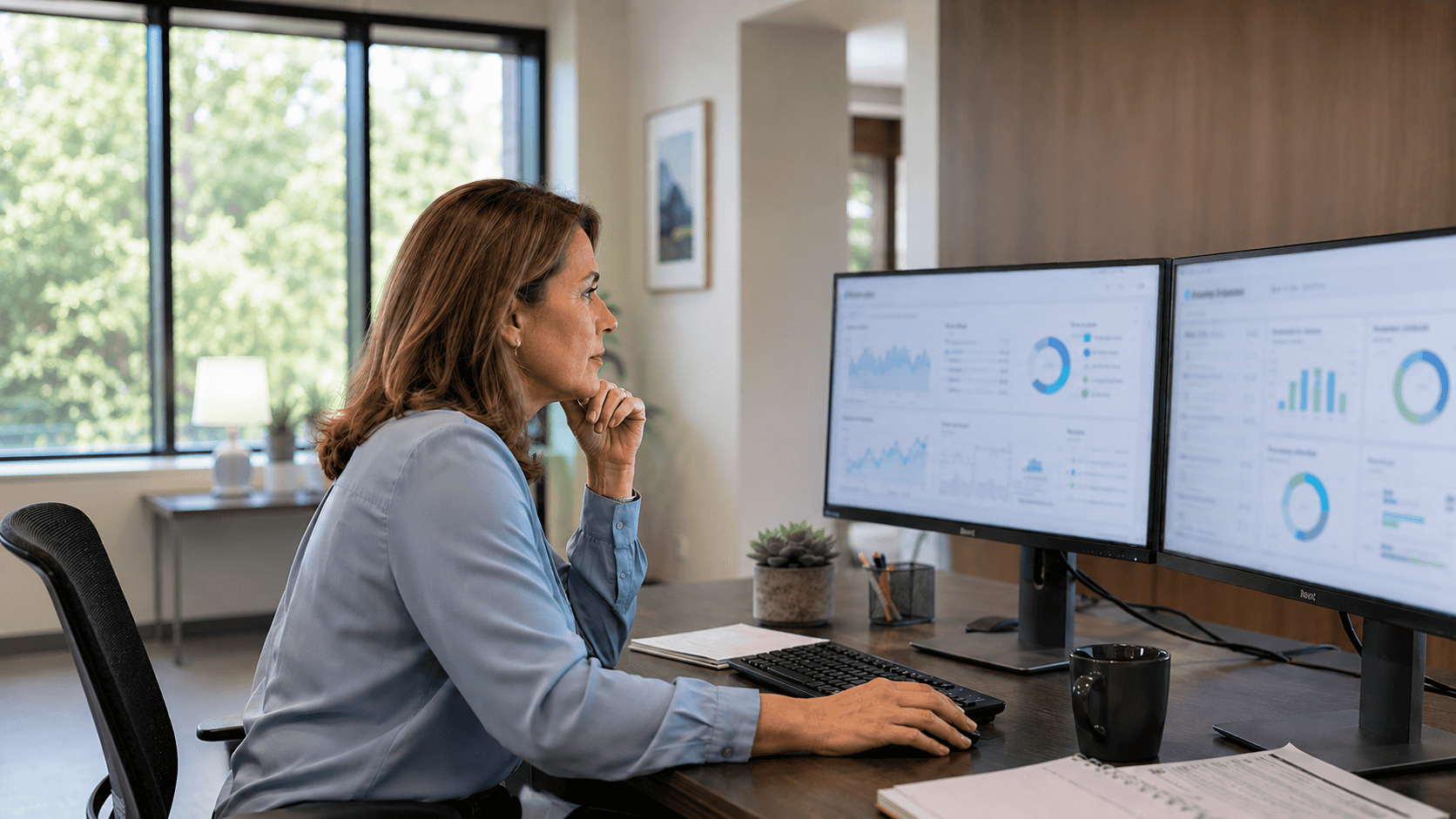 Woman analyzing healthcare data on dual monitors in an office.