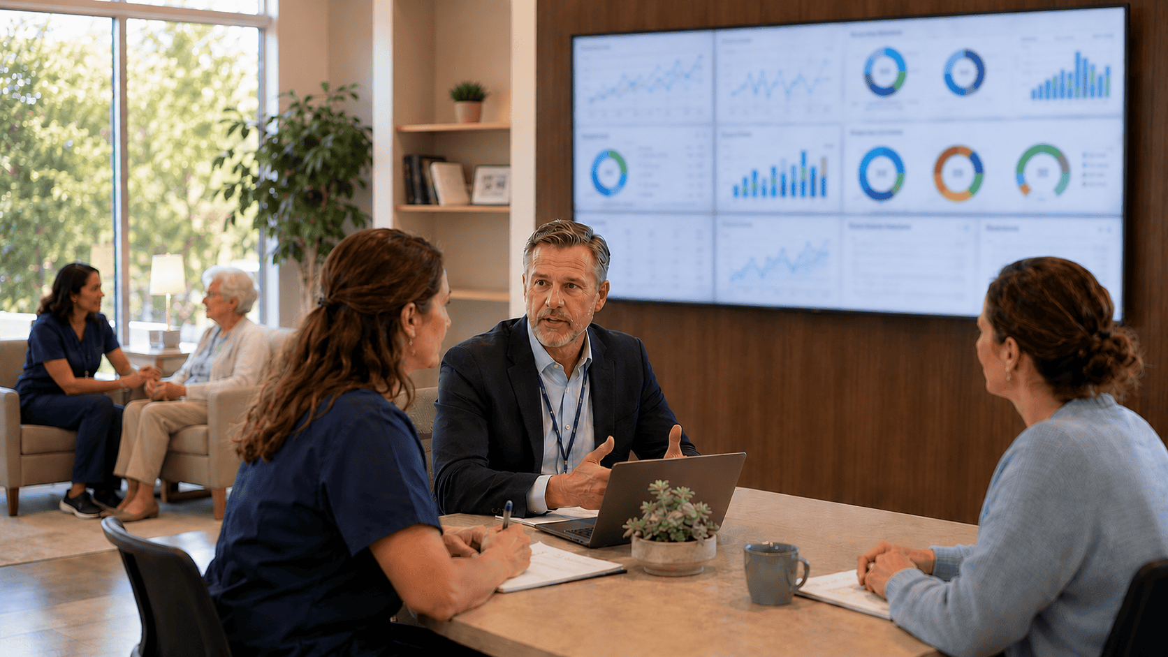 Healthcare professionals analyzing patient and staffing data on large screen.