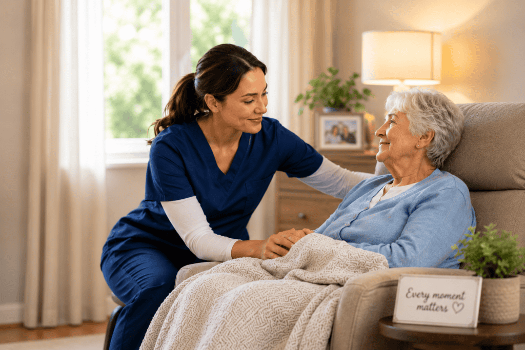 Nurse caring for elderly patient in home setting for hospice care.