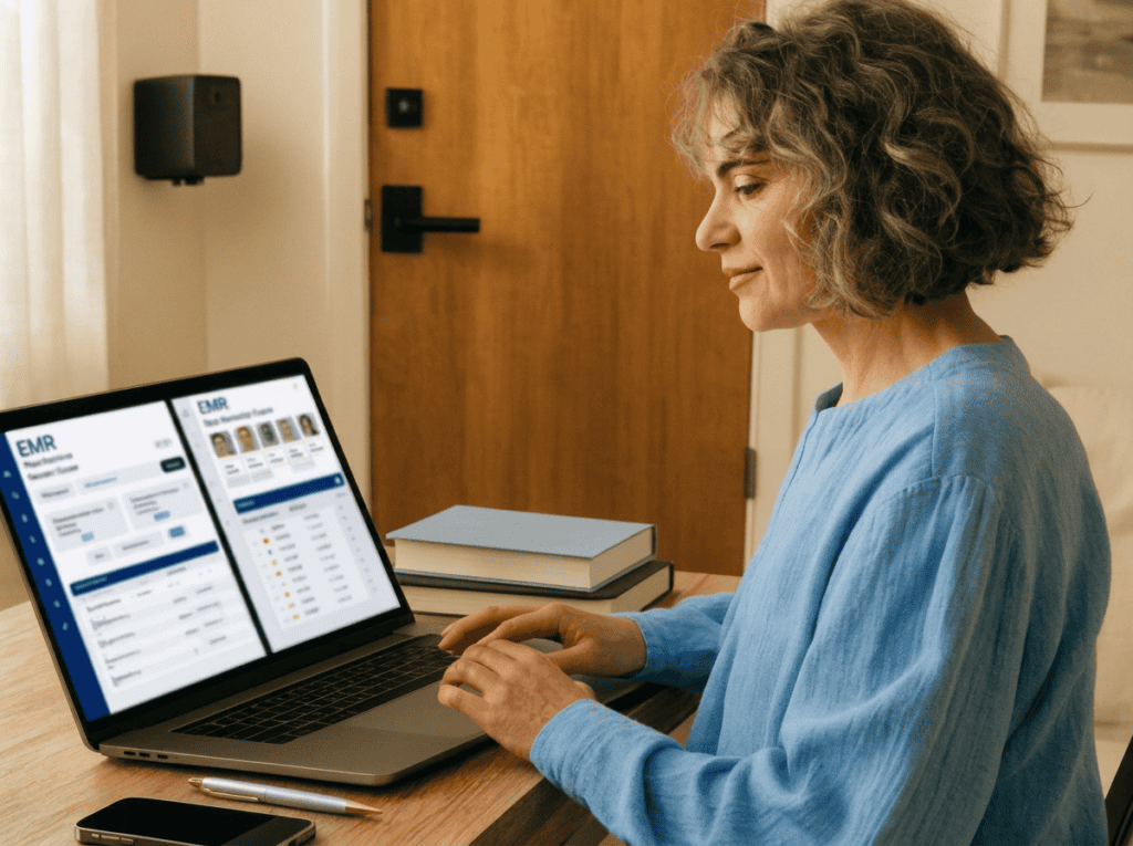Senior woman using Homecare Homebase EMR on laptop for home healthcare.