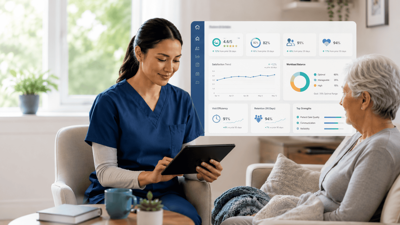 Healthcare professional reviewing analytics data on tablet with senior patient.