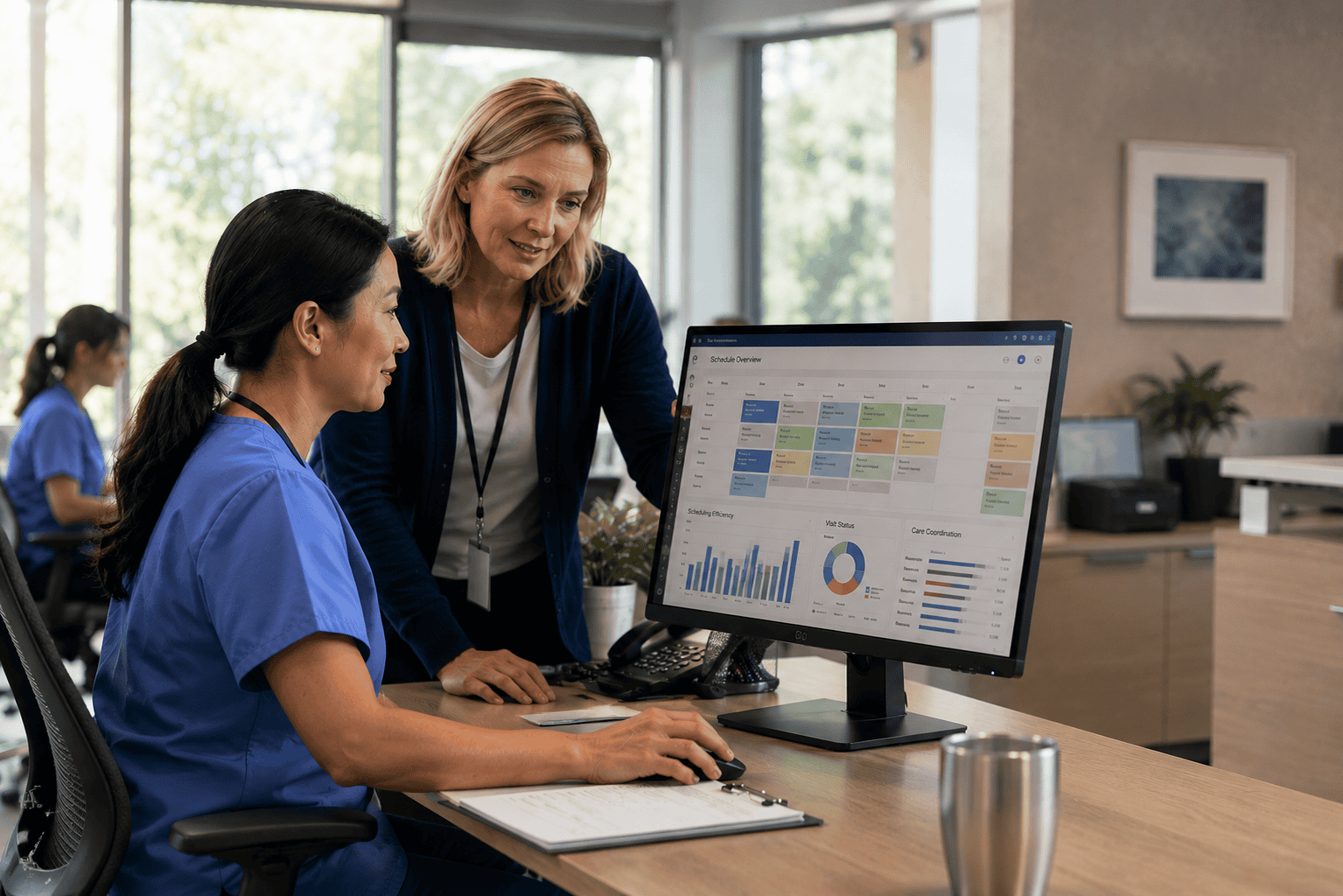 Healthcare professionals reviewing electronic health records on a computer screen.