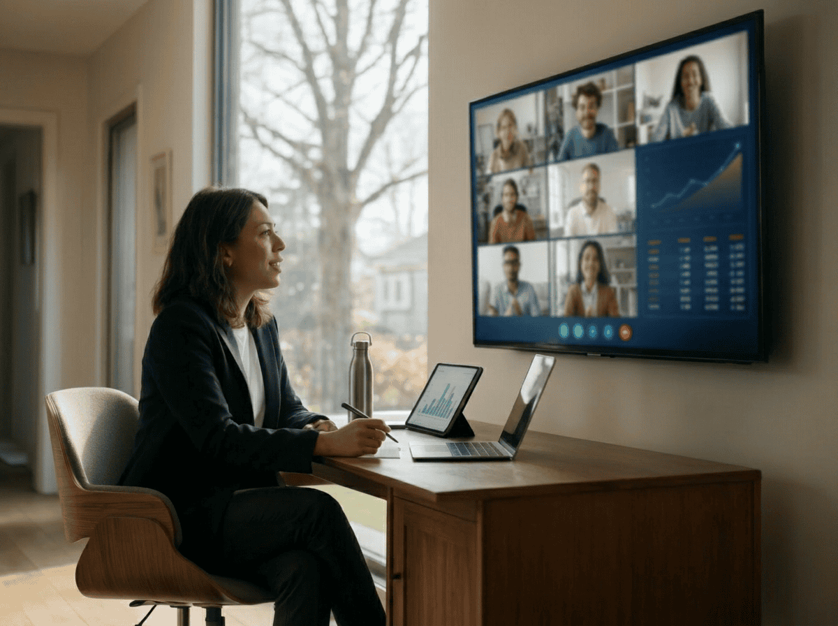 Woman participating in a virtual video conference from home.